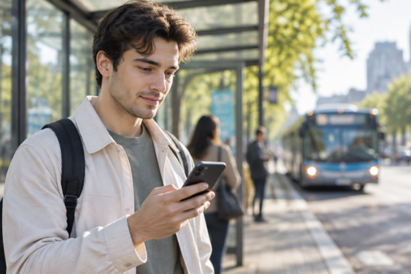 Persoană care citește pe telefon într-o stație de autobuz, într-o dimineață luminoasă