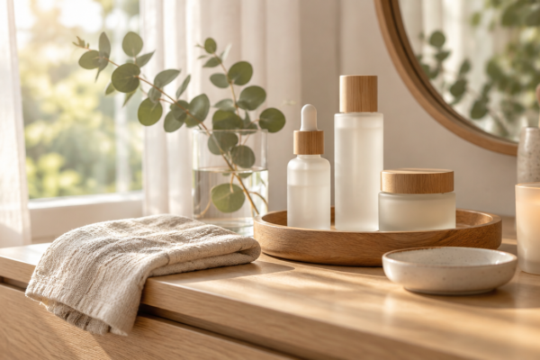 Colț de îngrijire de sine pe un blat de lemn lângă fereastră, cu produse de skincare minimaliste, prosop de in și o crenguță de eucalipt