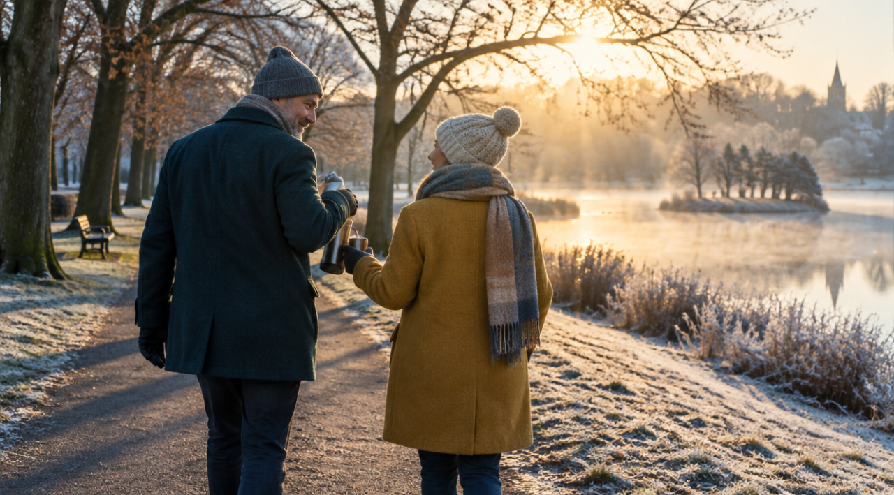 Doi oameni în haine groase la o plimbare pe o alee din parc, într-o dimineață rece și însorită, cu un termos în mână