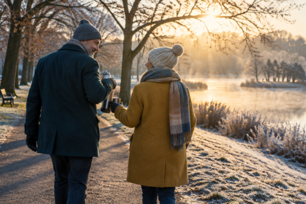 Doi oameni în haine groase la o plimbare pe o alee din parc, într-o dimineață rece și însorită, cu un termos în mână
