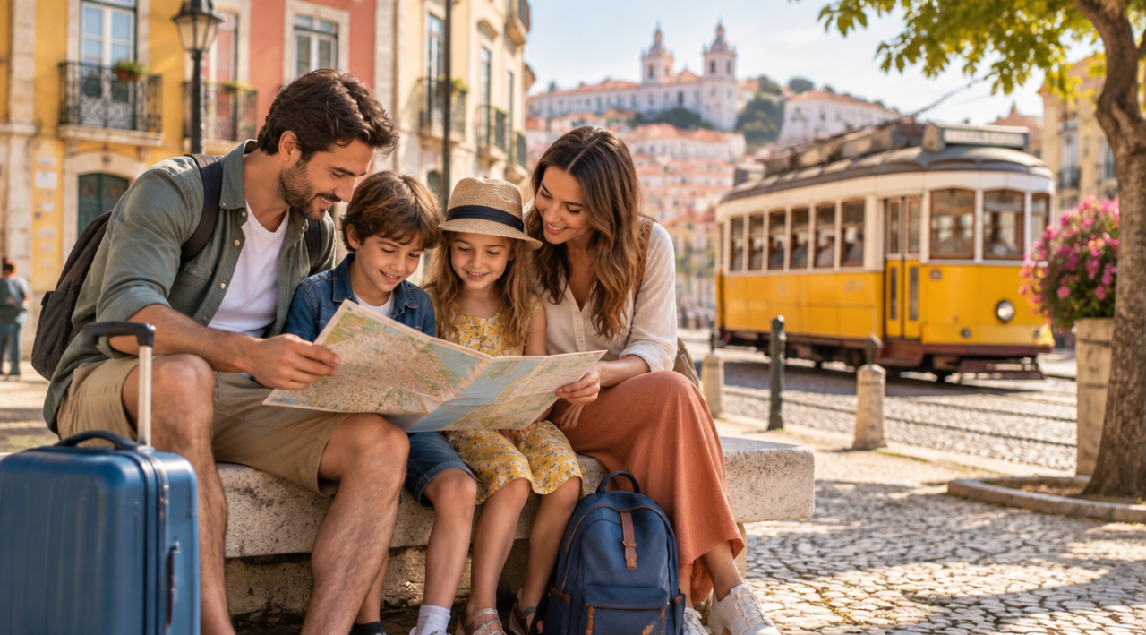 Familie cu doi copii privind o hartă desfăcută pe o bancă, într-o piațetă europeană însorită, la planificarea vacanței