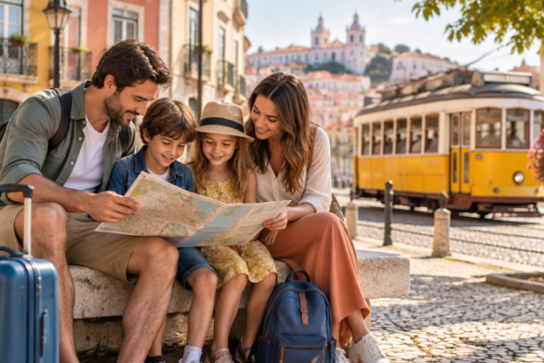 Familie cu doi copii privind o hartă desfăcută pe o bancă, într-o piațetă europeană însorită, la planificarea vacanței